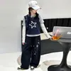 Moda de Primavera y Otoño para Niñas Conjunto de Dos Piezas Falso con Parches en Forma de Estrella Top Holgado Pantalones Anchos Conjunto Casual para Niñas