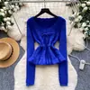 Suéter de punto estilo retro para mujer, con cuello en V y cinturón de corbata, manga larga, con volantes, adecuado para ir al trabajo, colección de otoño 2026, estilo suave