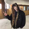 Jaqueta Matelassê com Capuz Estilo Americano, Estampa de Leopardo Pesada, Design de Orelhas, para Homens e Mulheres, Casaco de Algodão Quente de Inverno para Homens