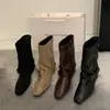 Botas Curtas Khaki de Camurça Vintage Chuyuji para Mulheres, Botas de Estilo Francês, Design de Nicho Outono e Inverno Botas Western Arredondadas