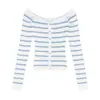 Top de punto largo a rayas azules y blancas, sin hombros, para mujer, corte ajustado, temporada de primavera, estilo puro y seductor, top corto sin hombros