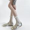 Meias Empilhadas de Listras Verticais Estilo Ballet Meias de Cano Médio Finas de Verão para Mulheres Meias de Algodão Respiráveis de Cor Sólida com Laço Meias JK de Bezerro