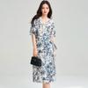 Vestido de Té Poético de Verano con Pintura a la Tinta Azul y Blanco Estampado Floral con Cinturón Cruzado 25089