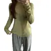 Blusa de tricô feminina com gola alta franzida estilo coreano, manga longa, camada base slim fit para outono