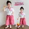 Conjunto de Roupa para Meninas 2026 Moda Verão Gato de Desenho Animado Manga Curta Casual Calça Xadrez Conjunto de Duas Peças Infantil