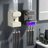 Soporte para cepillos de dientes con dispensador automático de pasta de dientes por inducción montado en la pared, sin perforaciones, con esterilización ultravioleta, estante para cepillos de dientes