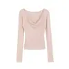 Top de punto rosa puro de hombros descubiertos para mujer, prenda interior de manga larga para otoño/invierno, top de diseñador nicho ajustado con escote drapeado