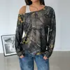 Ropa Baifen Transfronterizo 2025 Primavera y Otoño Nuevas Camisetas de Moda Europeas y Americanas con Cuello Asimétrico y Mangas Largas Camiseta Estampada de Moda