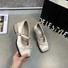 Primavera y verano 2025 nuevos zapatos de tacón Mary Jane de cabeza cuadrada con lazo de satén y tacón de herradura con hebilla