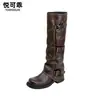 Botas largas de tacón grueso de cuero genuino para mujer, que aumentan la altura, punta redonda, nuevo estilo otoño e invierno 2026, Botas de jinete Melard de tacón de bloque para meter por dentro del pantalón