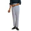 Pantalones Casuales Británicos de Verano para Hombre Italianos de Seersucker con Botones Parisinos Rayas Azul Nápoles de Cintura Alta Pierna Recta
