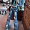 Calça Jeans de Luxo Estilo Americano com Bordados Pesados e Patch de Couro, Unissex Solta Casual Versátil de Perna Larga