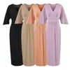 Elegante vestido de mujer estilo francés con cuello en V plisado y manga de tres cuartos, vestido largo de verano ajustado con abertura en la espalda y diseño bodycon que ciñe la cintura