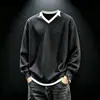 Sudadera con Capucha Rayada de Dos Piezas Falsas de Moda Americana para Hombre, Primavera y Otoño, Casual, Holgada, Tallas Grandes, Versátil, Cuello en V