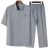 Conjunto de camisa de manga corta de seda de hielo para hombre, para mediana edad y ancianos, conjunto casual deportivo fino de verano de dos piezas para papás y abuelos