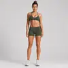 Conjunto de ropa deportiva transfronterizo con hermoso sujetador deportivo de cuello halter en la espalda, conjunto de shorts de running, entrenamiento, yoga de secado rápido con sensación de piel para mujer