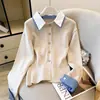 Cardigan de tricô two-piece patchwork com gola de camisa estilo college retrô 2026 para mulheres, emagrecedor, casual, top versátil, moderno