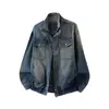 Chaqueta de mezclilla de alta gama resistente, diseño de ropa de trabajo retro americano lavado con efecto desgastado, dos piezas falsas, para hombres y mujeres