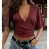 2025 Novo Top Cropped Curto de Manga Curta com Decote em V Estilo Europeu e Americano para Mulheres, Cor Sólida, Caimento Justo, Valoriza a Silhueta, Estilo Hot Girl