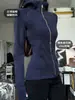 Chamarra Sudadera Azul Marino Ajustada que Ceñe la Cintura para Mujer, Estilo Coreano de Primavera, Hombro Normal Ajustada, Ropa Corta para Yoga