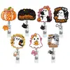 Porta-credencial retráctil de Fantasma, Gato Negro y Calabaza de Halloween, Carrete acrílico giratorio, Clip para credencial de identificación