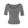 Camiseta blanca de manga corta con cuello en U para mujer, ajuste slim de verano, abotonada, estilo chica picante, manga media, capa base, top corto, moderno