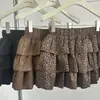 Saia em Camadas com Cintura Elástica Estampada de Leopardo Vintage Ruoxin para Mulheres, Nova Saia Curta em Camadas com Babados Outono 2026