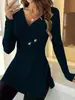 Transfronterizo europeo y americano 2026 Amazon nuevo top de moda otoño e invierno para mujer, corte ajustado, elegante, color liso, cuello en V, manga larga