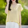 Primavera/Verano 2026 Nuevo Lino Perlado Cuello en V Borde Enrollado Tejido Manga Corta Camiseta Base Color Sólido para Mujer