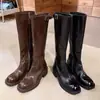 Botas de cuero lavado que hacen que las piernas parezcan más delgadas, botas altas negras para mujer hasta la rodilla con punta redonda, adecuadas para mujeres petites, botas de montar de tacón alto