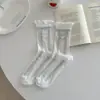 Calcetines de encaje suaves para niñas en blanco y azul, calcetines holgados estilo universitario con lazos, calcetines de verano finos de malla hasta la mitad de la pantorrilla para mujer