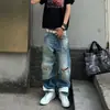 Jeans Acampanados Lavados Rasgados con Remaches Estilo Callejero Americano para Mujer, Corte Holgado, Pierna Ancha Adelgazante, Pantalones Largos con Caída