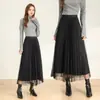 Saia plissada feminina, novo estilo de outono, saia de tule com barra larga, tendência de moda 2026, saia de tule drapeada reversível