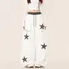 Calça de moletom esportiva retro americana com estampa de leopardo e bordado de estrela para homens e mulheres, calça longa casual larga reta solta para primavera e outono
