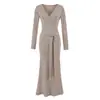 Vestido elegante de manga comprida com decote V e amarração frontal, estilo francês, para mulheres, coleção de outono, caimento justo, bodycon, barra em cauda de peixe, vestido longo