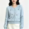 Cardigan de Punto con Bordado de Cerezas Nuevo Otoño Invierno para Mujer Cuello Redondo Botón de Perla Suave Abrigo Suéter de Piel Sintética de Visón