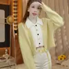 Chaqueta de punto tipo cárdigan corta de punto suave y cerosa, estilo tweed con costuras y solapa contrastante para mujer, principios de otoño, estilo perezoso de alta gama