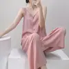 Pijama de Seda de Algodão Levemente Luxuoso para Mulheres Primavera, Outono e Verão Alças Duas Peças Roupas de Casa Conjunto Cardigan de Cor Pura Solto Simples