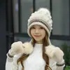 Gorro de Invierno para Mujer con Forro de Lana de Conejo, Gorro de Punto Cálido de Lana, Gorro de Moda Engrosado con Pompones y Protección para las Orejas, Boina