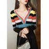 Zhengqite Roupas/Nova Moda de Luxo Feminina Slim Fit Camisa Básica Gola V Listrado Color Block Tricô Fino Suéter
