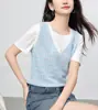 2025 Top Estilo Tweed Falso Duas Peças Textura de Nicho Tricô Costurado Camiseta de Manga Curta Verão