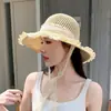 Chapéu de Palha Feminino com Tira de Renda Chapéu de Pescador de Renda Novo Chapéu de Sol Respirável Vazado para Viagem à Praia