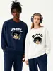 Moletom de Algodão Pesado para Casais, Corte Amplo, Gola Redonda, Pulôver sem Capuz, Versátil, Quente, Blusa Estampada para Outono e Inverno