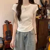 Tiktok entrega verano hilo de algodón hombro manga corta camiseta mujer color liso simple cintura ajustada corta top básico