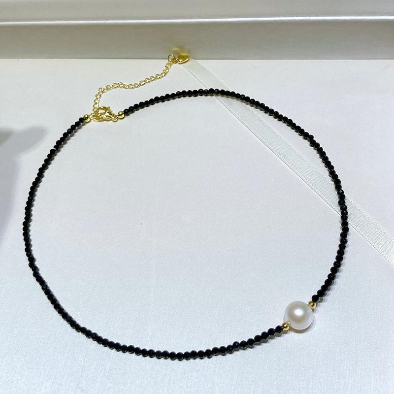 黑水晶天然淡水珍珠项链 14k注金时尚轻奢简约单颗珍珠吊坠锁骨链