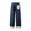 Calça Jeans Patchwork Xadrez com Punho Estilo Americano 2025 para Homens e Mulheres, Xadrez Color Block Emagrecedor Tendência Wide Leg Comprimento Total