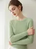Top quente 100% cashmere puro, gola redonda, malha canelada, base justa, suéter feminino