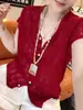 Top Rojo Simple Estilo Coreano Reductor de Edad Blanqueador para Mujer Verano 2025 Diseño Calado Punto de Nicho Cuello en V