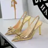 312-H163 Zapatos de Tacón Alto Estilo Europeo con Lazo de Pedrería Tacón Fino Punta Fina para Mujer Zapatos Brillantes con Lentejuelas Correa Trasera Zapatos de Salón
