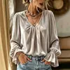 2026 Outono e Inverno Transfronteiriço Europeu e Americano Novo Camisa Feminina Versátil de Veludo com Gola V Plissada Solta Cor Sólida Manga Longa Amazon